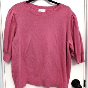 LOFT Pink Crew Neck Sweater with Balloon Sleeves